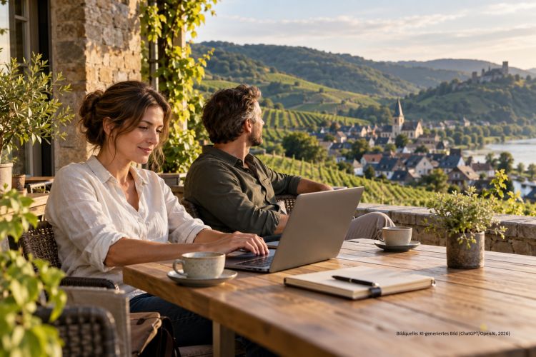 Ein Paar sitzt auf einem Balkon mit Ausblick auf deutsche Weinberge, die Frau arbeitet an einem Laptop