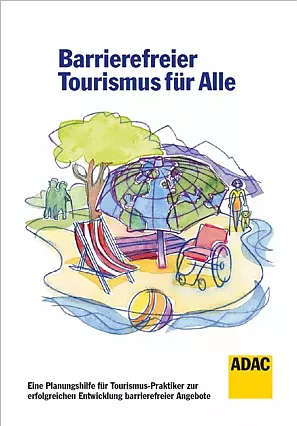 Titelblatt der Publikation mit bunter Illustration, Rollstuhl, Frau mit Führungshund