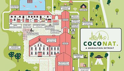Plan mit Gebäuden, Außenbereichen und Funktionen des COCONAT Anwesens